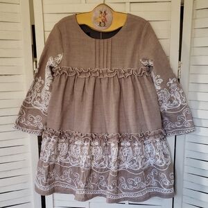 Elegant Brown Kids Dress with White Embroidery